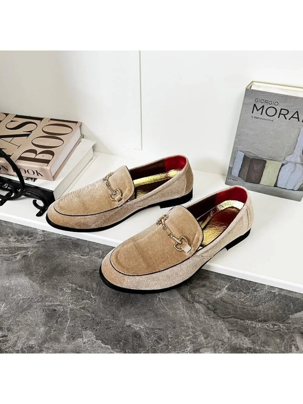 LCQL Men's Khaki Leather Velvet Loafer Gold Buckle Slip On Comfortable Shoes